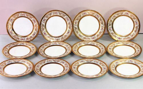 12 English Cauldon Porcelain Dinner Plates, encrusted gold border