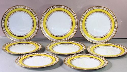 8 Tiffany English Mintons Porcelain Dinner Plates, encrusted gold rim