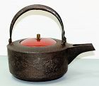 Japanese Cast Iron Sake Pot, Red Lacquer top