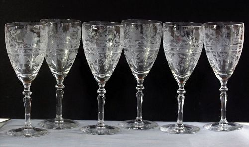 6 Vintage Clear Crystal Water Glass, etched cut Glass
