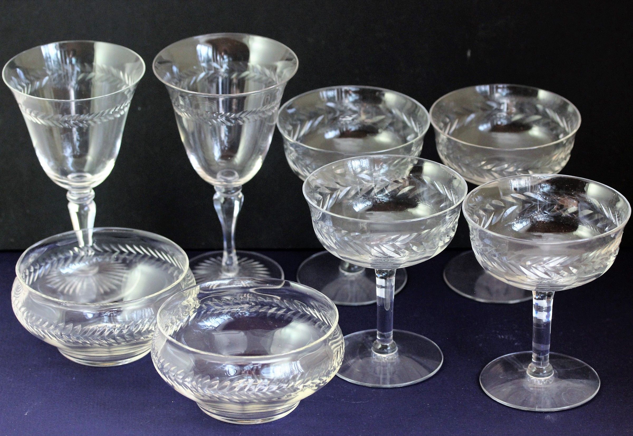 8 Vintage Mix set of Clear Crystal stemware, wine, water, bowl