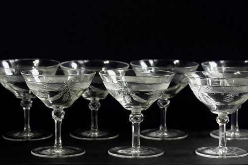 7 Vintage Cut Clear Crystal Champagne  Glasses