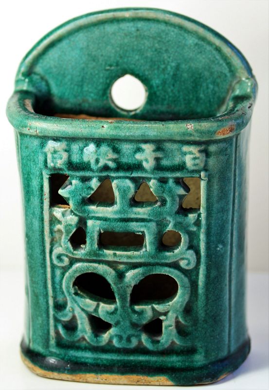 Chinese Chopstick Wall Holder, green glazed Pottery