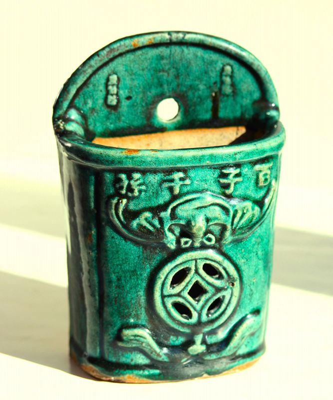 Chinese Chopstick Wall Holder, green glazed pottery