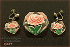 Lucite Pink Rose Pin and Earrings