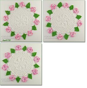 Crochet Doilies Pink Flowers and Green Leaves Set of Three