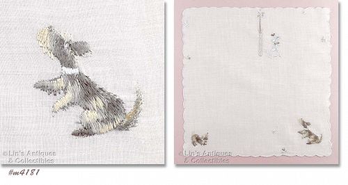 Embroidered Dogs Vintage Handkerchief Hanky