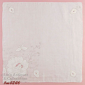 WHITE ROSE AND BUTTERFLY MADEIRA HANDKERCHIEF