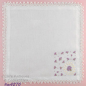 HANKY WITH PURPLE FLOWERS WITH TATTED EDGING