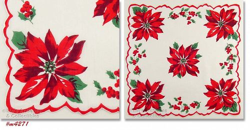 Vintage Christmas Hanky Red Poinsettias