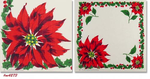 Vintage Christmas Hanky Bright Red Poinsettias