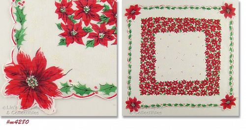 Vintage Christmas Hanky Poinsettias Holly Snowflakes