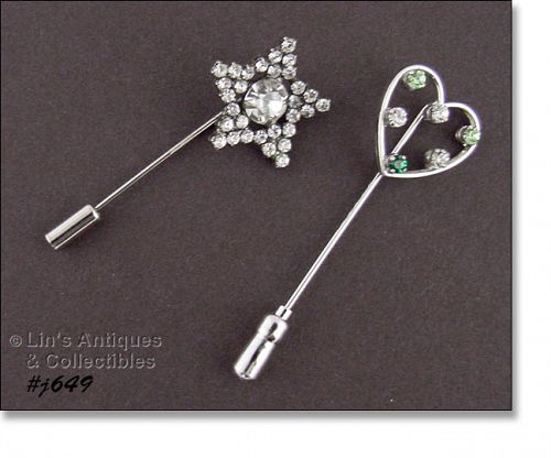 Two Rhinestone Stick Pins One is Sterling