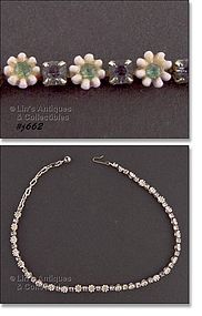 Pink Flowers Green Rhinestones Vintage Necklace