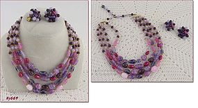 VINTAGE 4-STRAND GLASS BEAD NECKLACE WITH EARRINGS