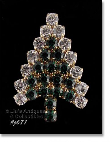 Eisenberg Ice Signed Christmas Tree Pin Green and Clear Rhinestones
