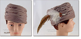 TAUPE COLOR TURBAN STYLE HAT WITH ACCENT FEATHERS