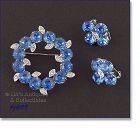 Signed Eisenberg Ice Blue Rhinestones Pin and Clip Earrings
