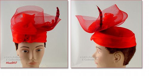 Red Hat with Red Netting and Feathers Vintage Red Hat