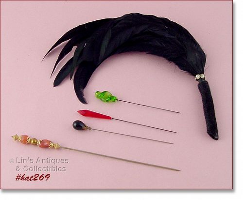Lot of 4 Vintage Hat Pins and 1 Feather Hat Adornment