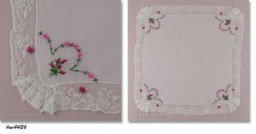 Vintage Wedding Hanky Pink Rosebuds and FLowers