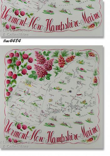 State Souvenir Hanky Vermont New Hampshire Maine