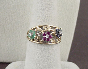 10kt Yellow Gold Ruby Sapphire Emerald Diamond Ring Size 7