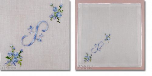 Vintage "S" Variegated Blue with Blue Flowers Monogram Handkerchief