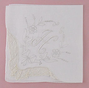 Beautiful Vintage White Monogram H Madeira White Handkerchief Hanky