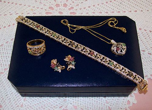 18kt Yellow Gold Over Silver Ruby, Sapphire, Emerald, and Diamond Set