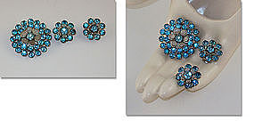 Gorgeous Vintage Pin and Matching Earrings with Blue Color Rhinestones