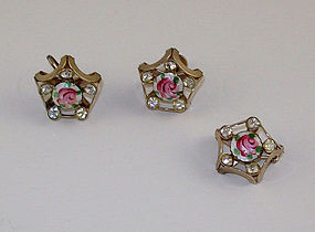 Vintage Guilloche Pink Rose Pin and Earrings