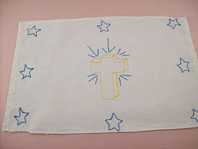 VINTAGE FREE HAND EMBROIDERED CROSS AND STARS TO DISPLAY OR FRAME