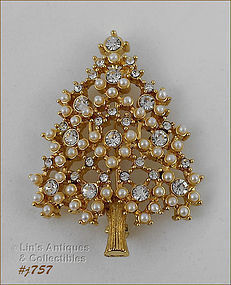 EISENBERG ICE RHINESTONES AND FAUX PEARLS CHRISTMAS TREE PIN