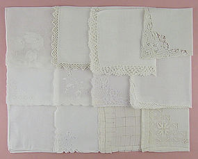 ONE DOZEN VINTAGE BARELY IMPERFECT HANKIES FOR RE-PURPOSING OR CRAFTS