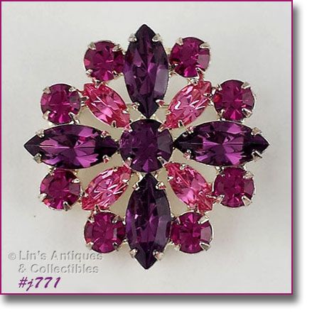 EISENBERG ICE PINK ROSE AND AMETHYST PRONG SET RHINESTONE PIN