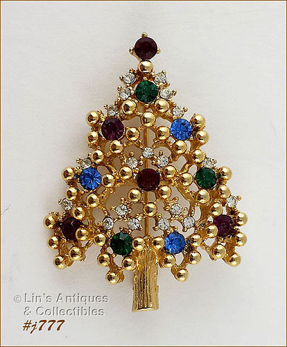 Eisenberg Ice Signed Christmas Tree Pin with Multi Color Rhinestones