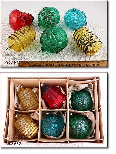 BOX OF 6 WEST GERMANY GLASS ORNAMENTS SOLD BY SEARS