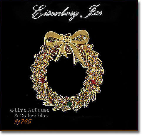 EISENBERG ICE WREATH SHAPED PIN GOLD TONE W/ RHINESTONE ACCENTS