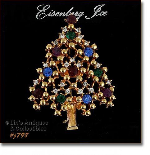 Eisenberg Ice Signed Christmas Tree Pin Multi Color Rhinestones