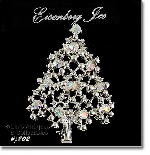 Eisenberg Ice Christmas Tree Pin with Aurora Borealis Rhinestones