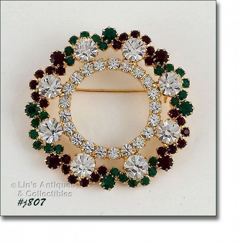 Signed Eisenberg Ice Christmas Pin with Green Red Clear Rhinestones