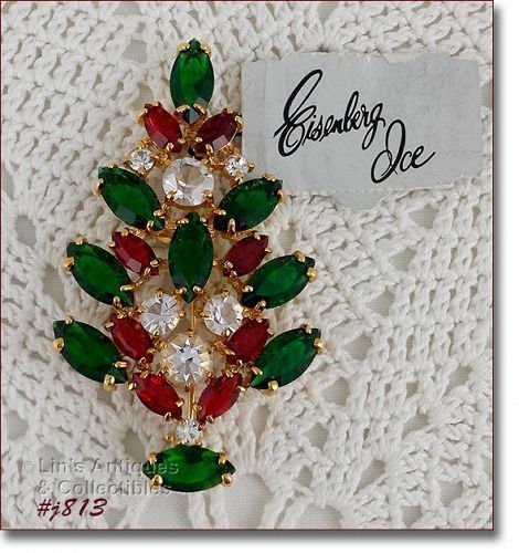 Eisenberg Ice Prong-Set Red, Green,and Clear Rhinestones Christmas Pin