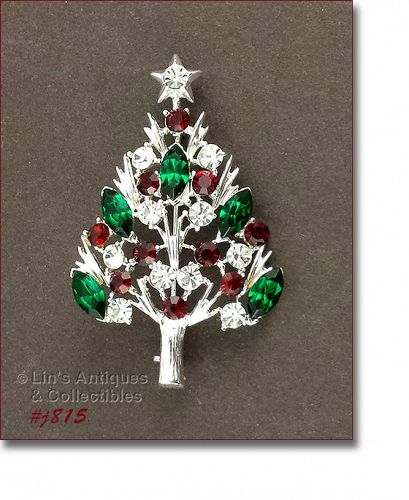 EISENBERG ICE CHRISTMAS TREE PIN WITH RED GREEN AND CLEAR RHINESTONES