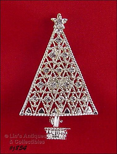 Eisenberg Ice Signed Christmas Tree Pin Silver Tone Clear Rhinestones