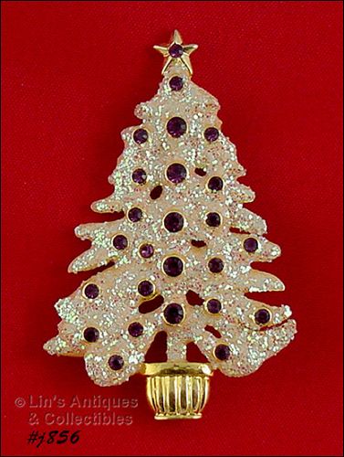 Eisenberg Ice Signed Christmas Glitter Tree Pin Purple Rhinestones