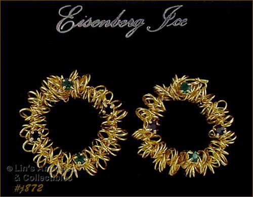 Eisenberg Ice Wire Wreath Earrings Gold Tone Rhinestone Accents