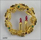 Signed Eisenberg Ice Holly Leaf Wreath Pin Gold Tone