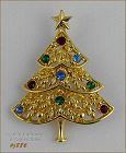 Signed Eisenberg Ice Christmas Tree Pin Gold Tone and Rhinestones