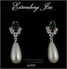 Eisenberg Ice Earrings Emerald and Clear Rhinestones Pearl Dangle